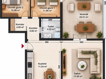 Apartament 2+1 me verandë – Materniteti i Ri, buzë Unazës